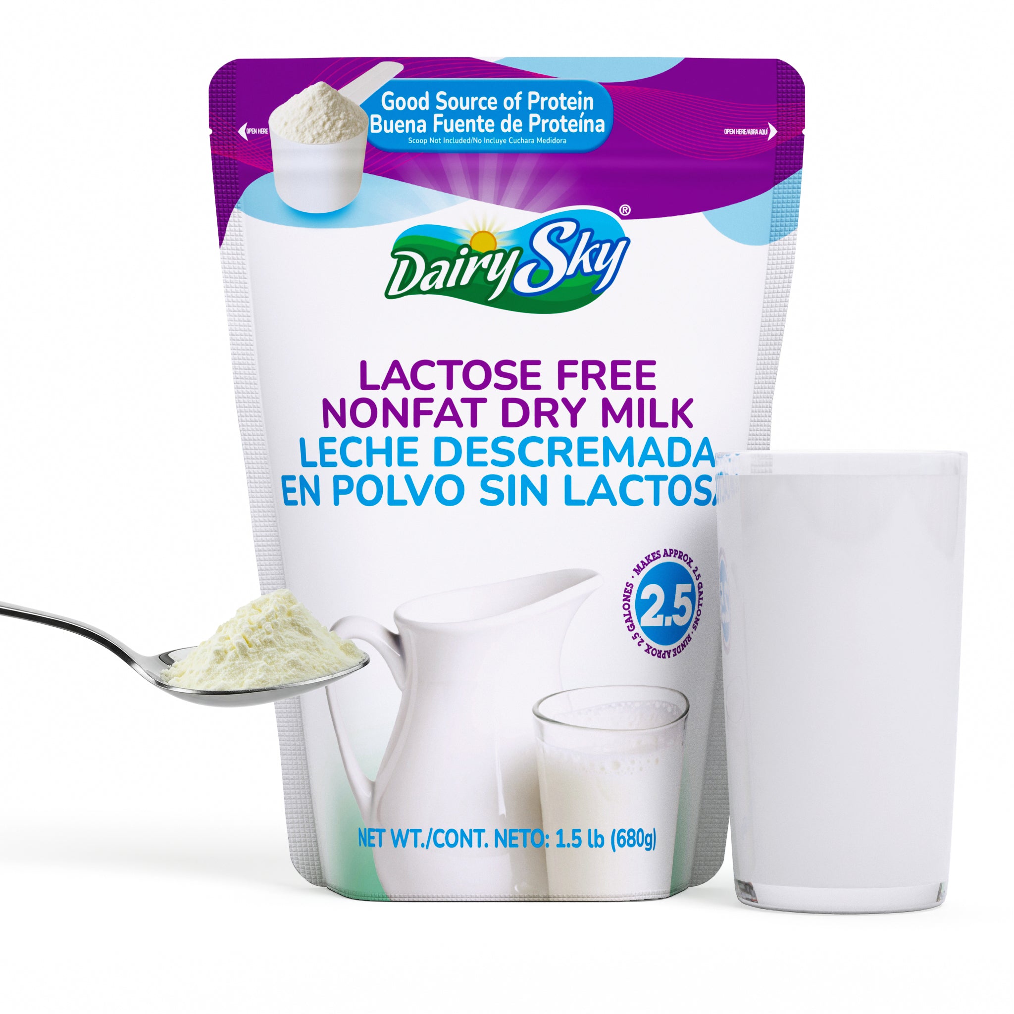 DairySky lactose-free nonfat dry milk package with a glass of milk and spoonful of powder on a white background