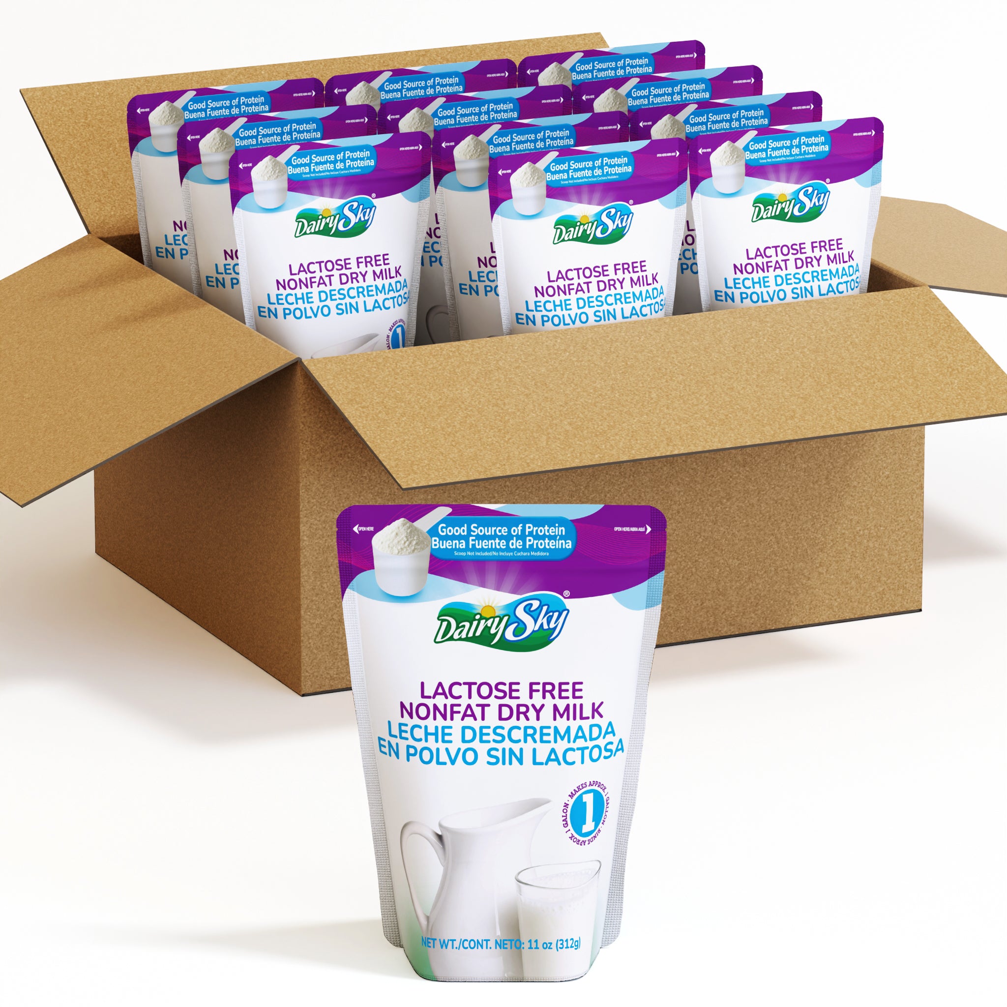Carton of DairySky lactose-free nonfat dry milk packages on a white background