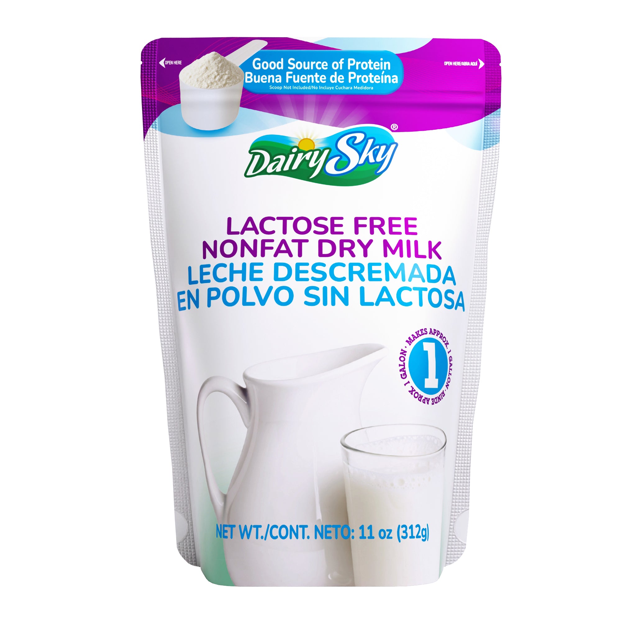 DairySky lactose-free nonfat dry milk package on a white background