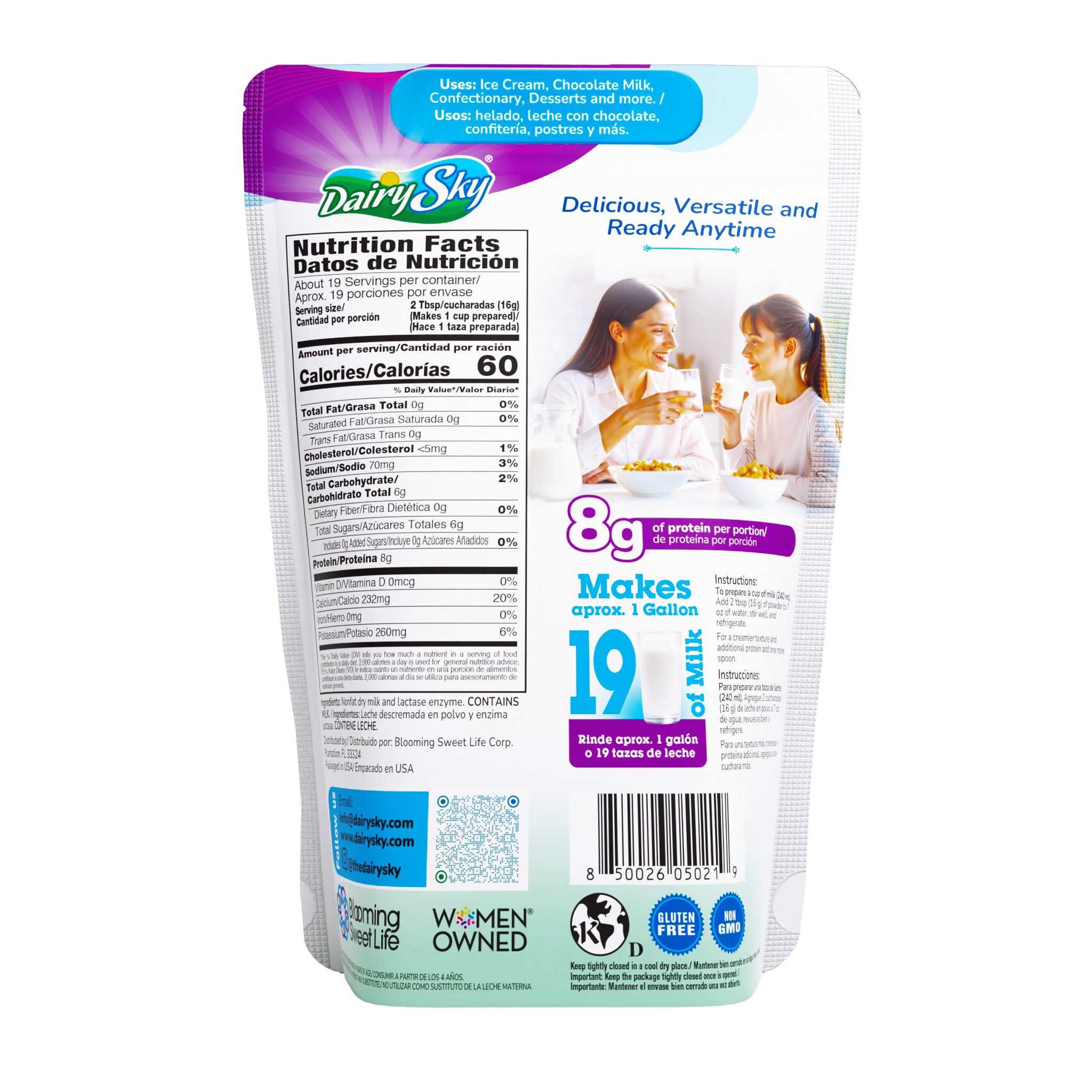 Dairy Sky milk powder package with nutritional information and usage instructions on a white background