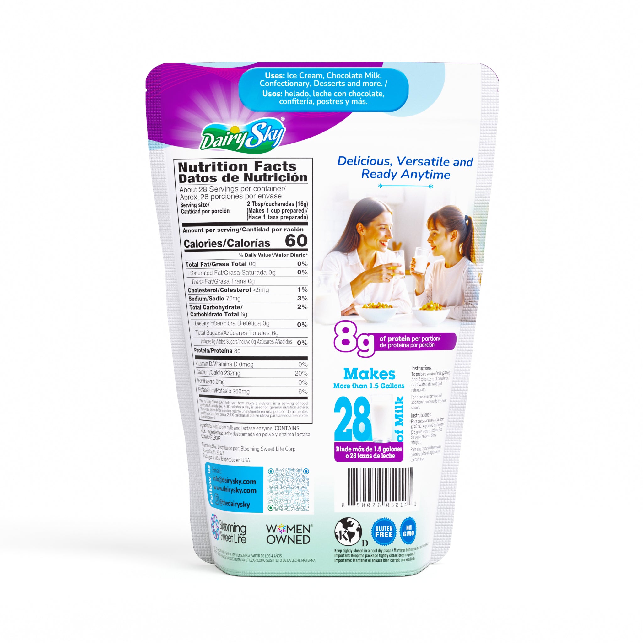 Dair Sky milk powder package with nutritional information and usage examples