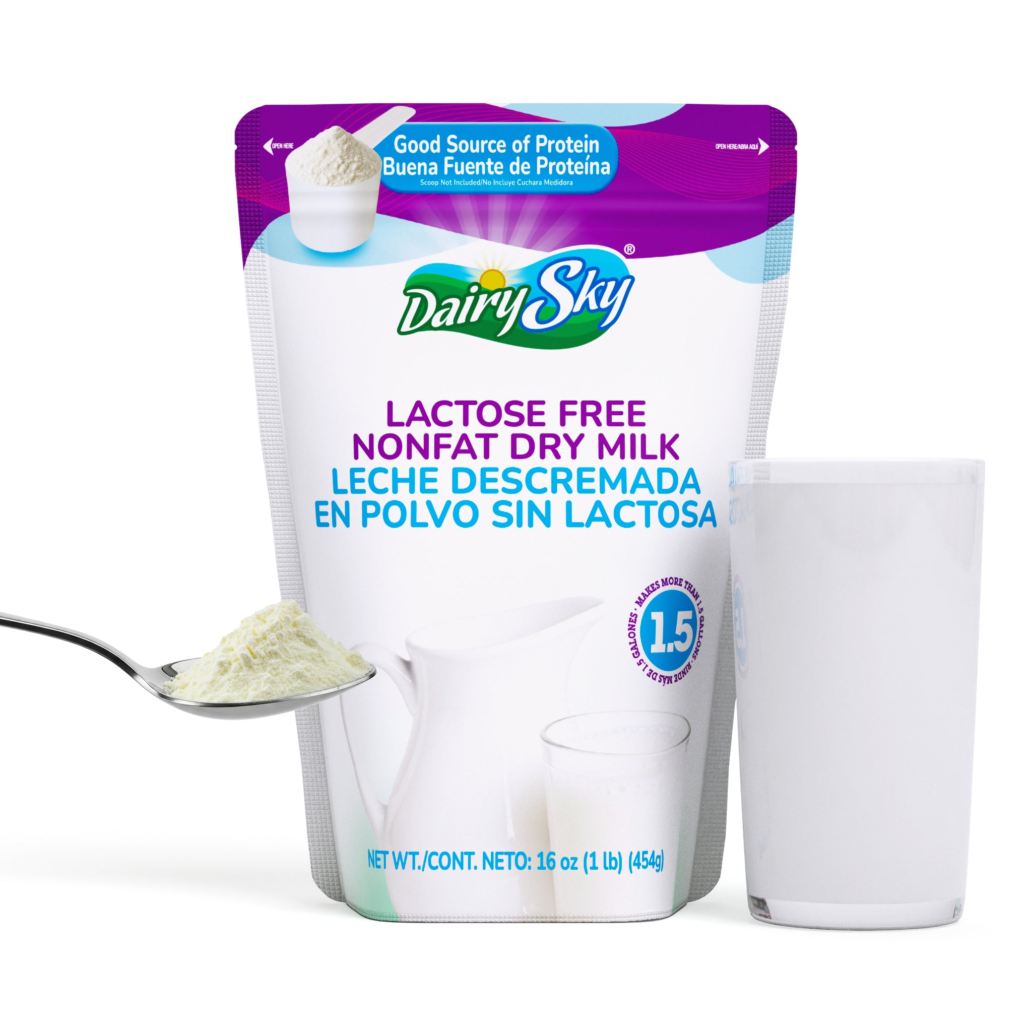 DairySky lactose-free nonfat dry milk package with a spoonful of powder and a glass of milk.