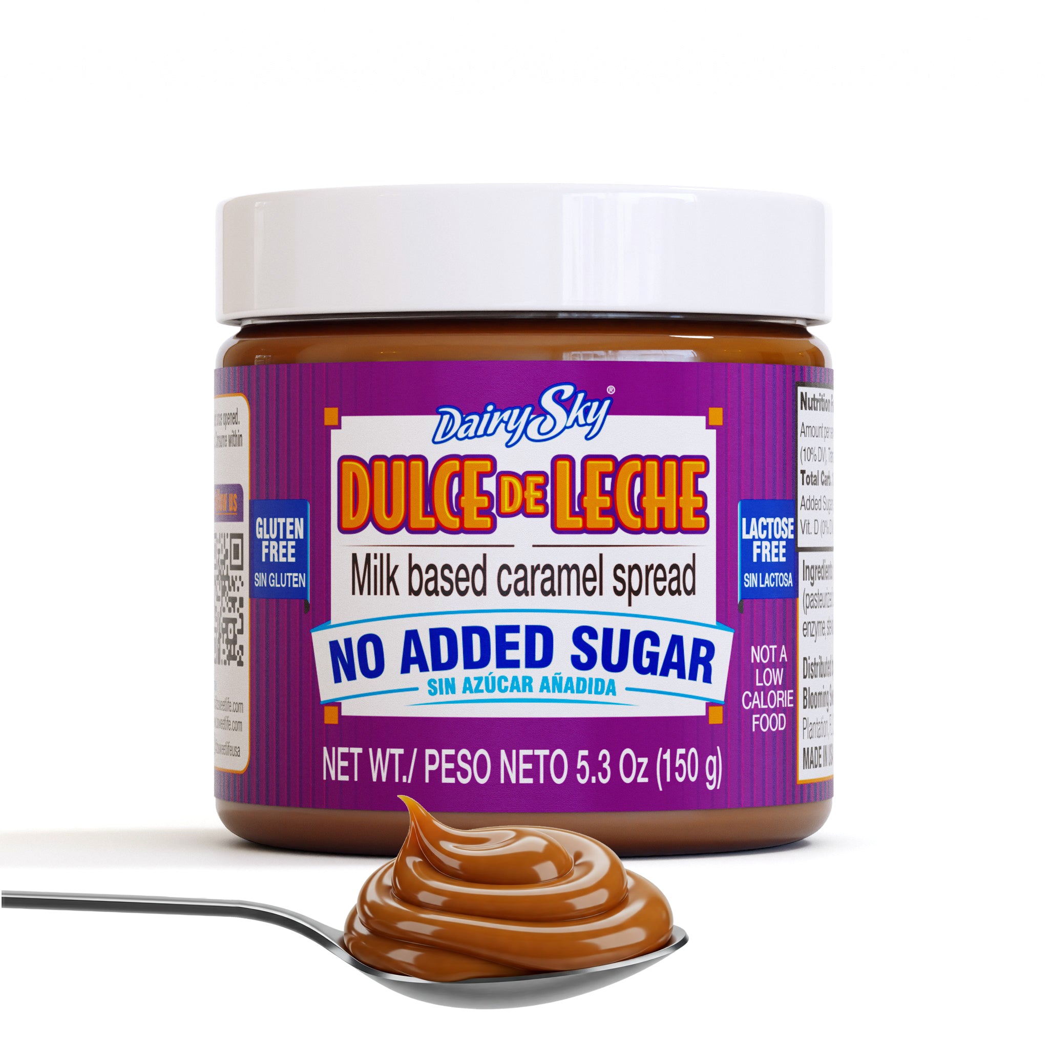 Jar of DairySky Dulce de Leche No Added Sugar spread with a spoonful of the spread on a white background
