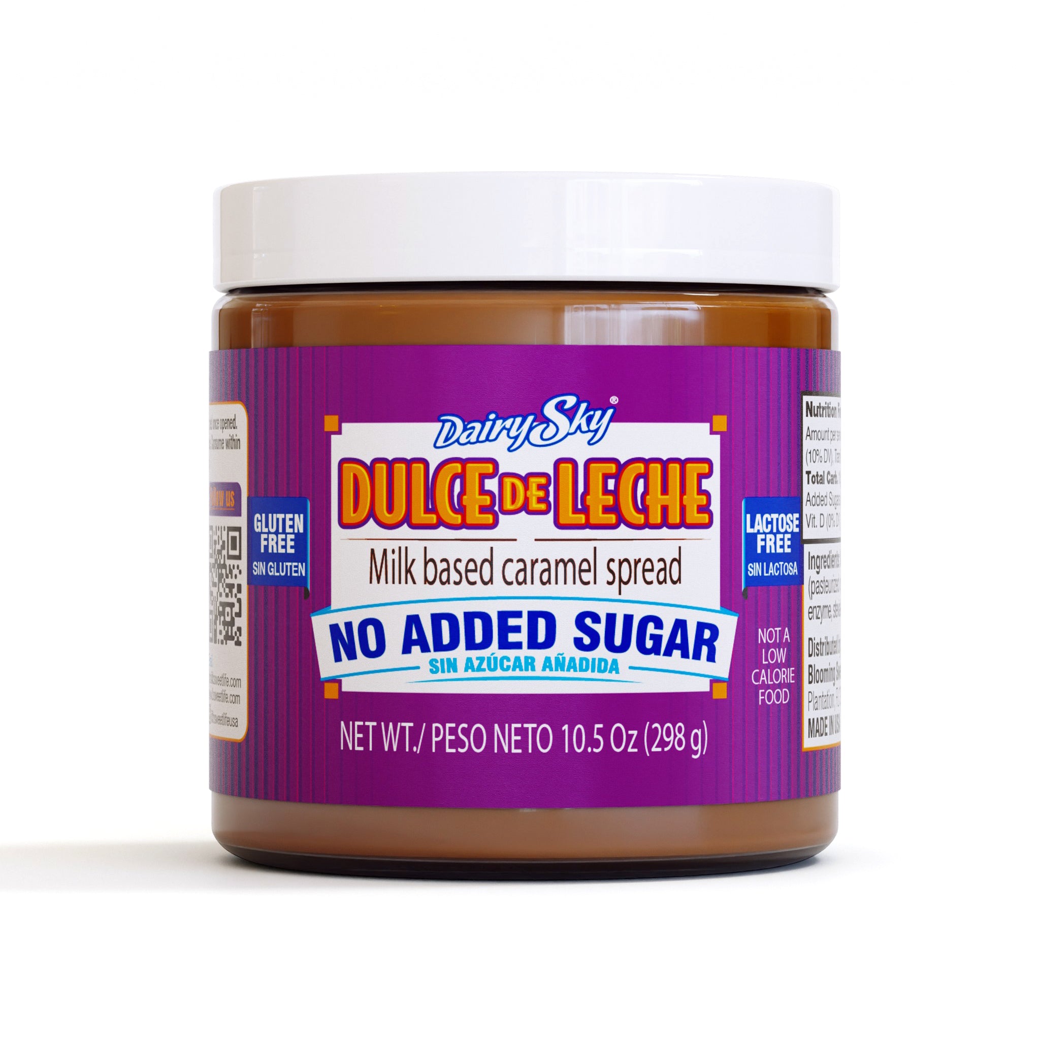 Jar of DairySky Dulce de Leche spread with a purple label on a white background