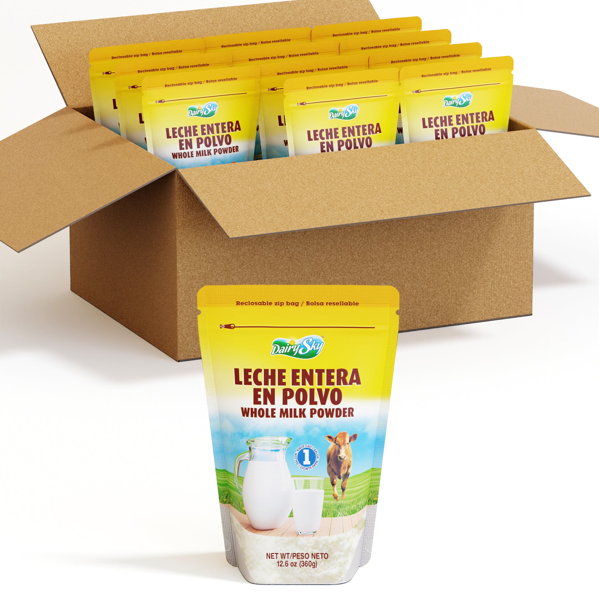 Box of DairySky whole milk powder 12 packages