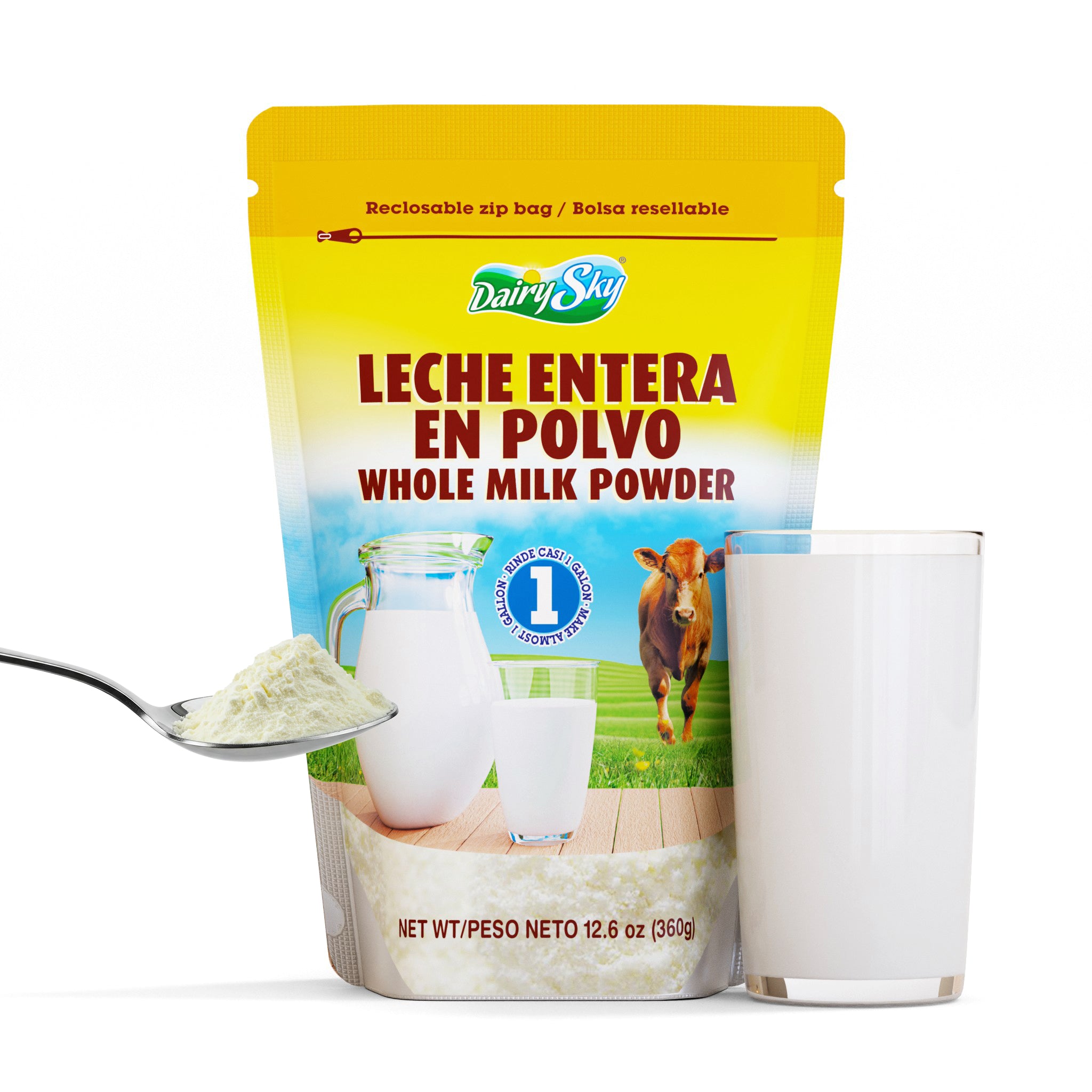 DairySky whole milk powder package with a glass of milk and spoonful of powder on a white background