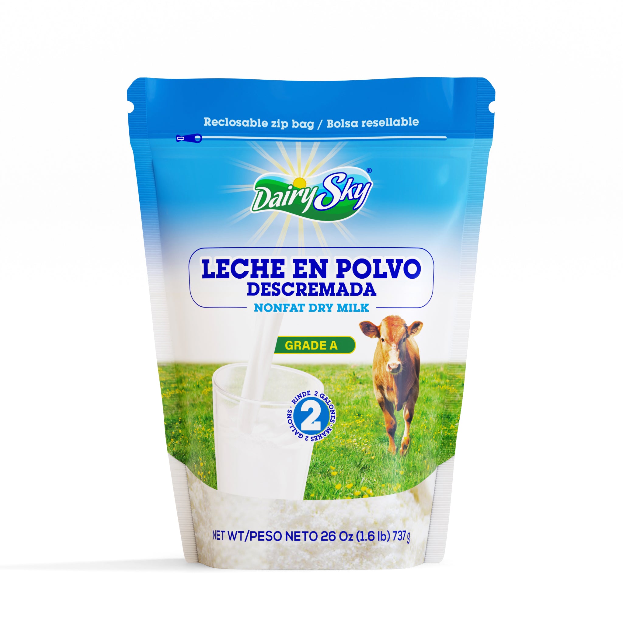 DairySky nonfat dry milk packaging with a cow on a grassy field