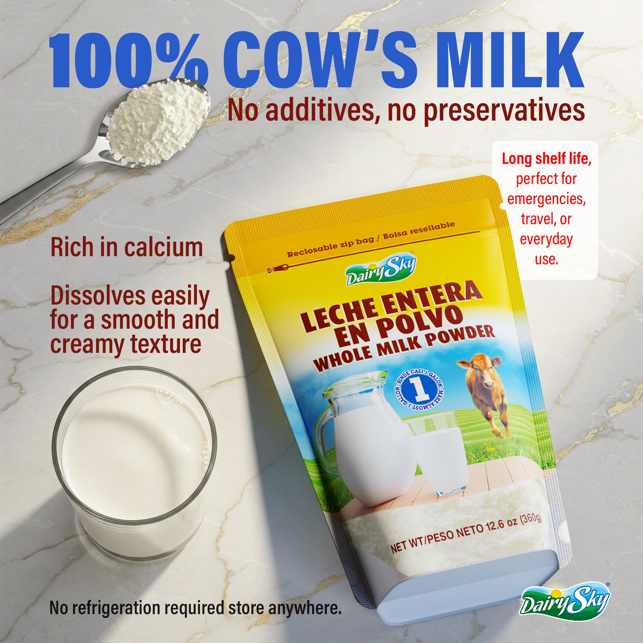 DairySky whole milk powder package with a glass of milk and spoonful of powder on a marble surface.