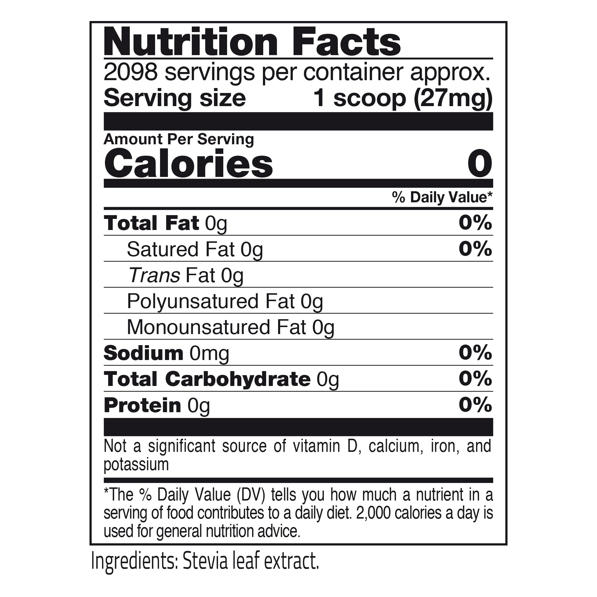 Nutrition facts label for a product with zero calories, fat, carbs, and protein per serving STEVIA PURE BSL BSWEETBNATURAL