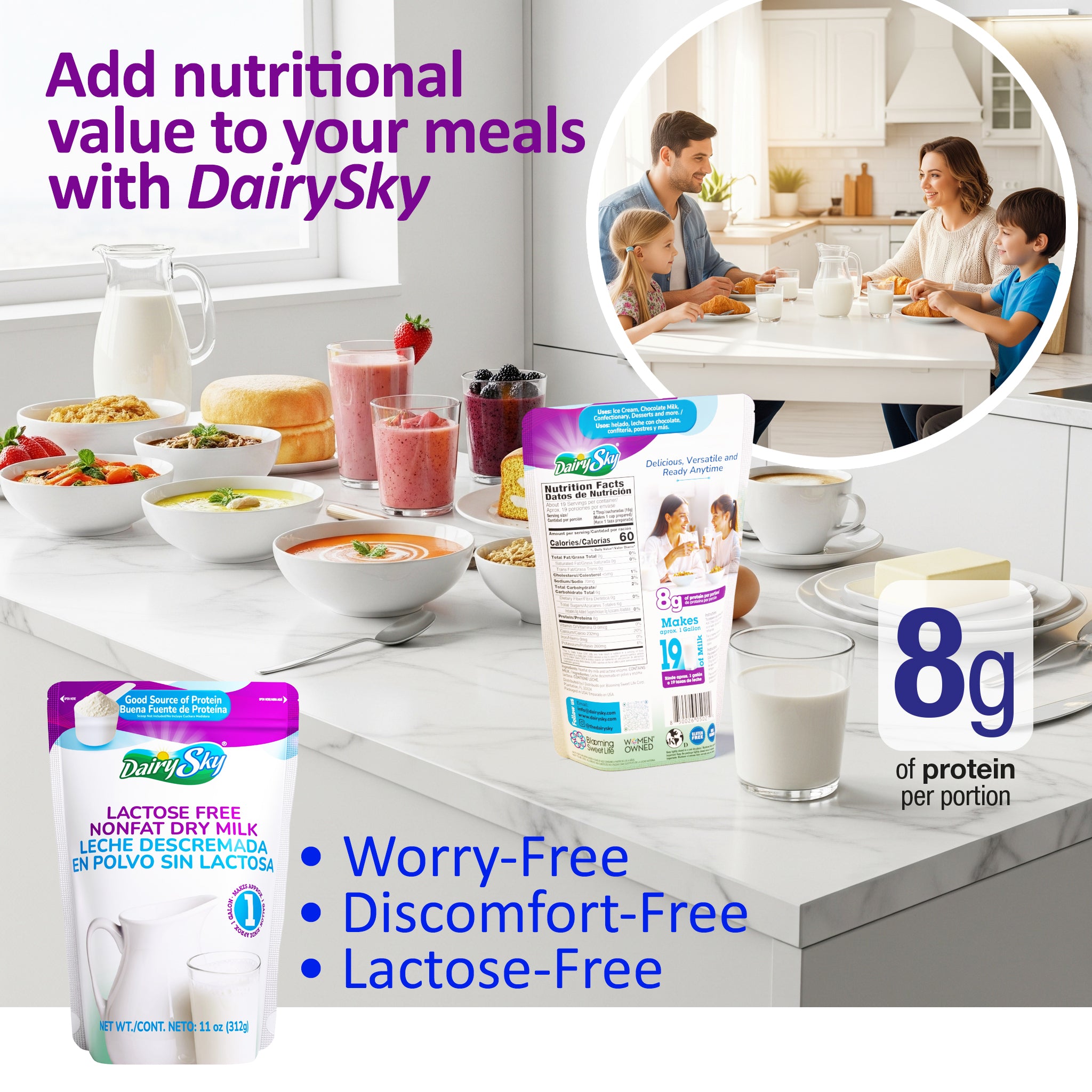 DairySky lactose-free dry milk packages on a kitchen counter with a family in the background.