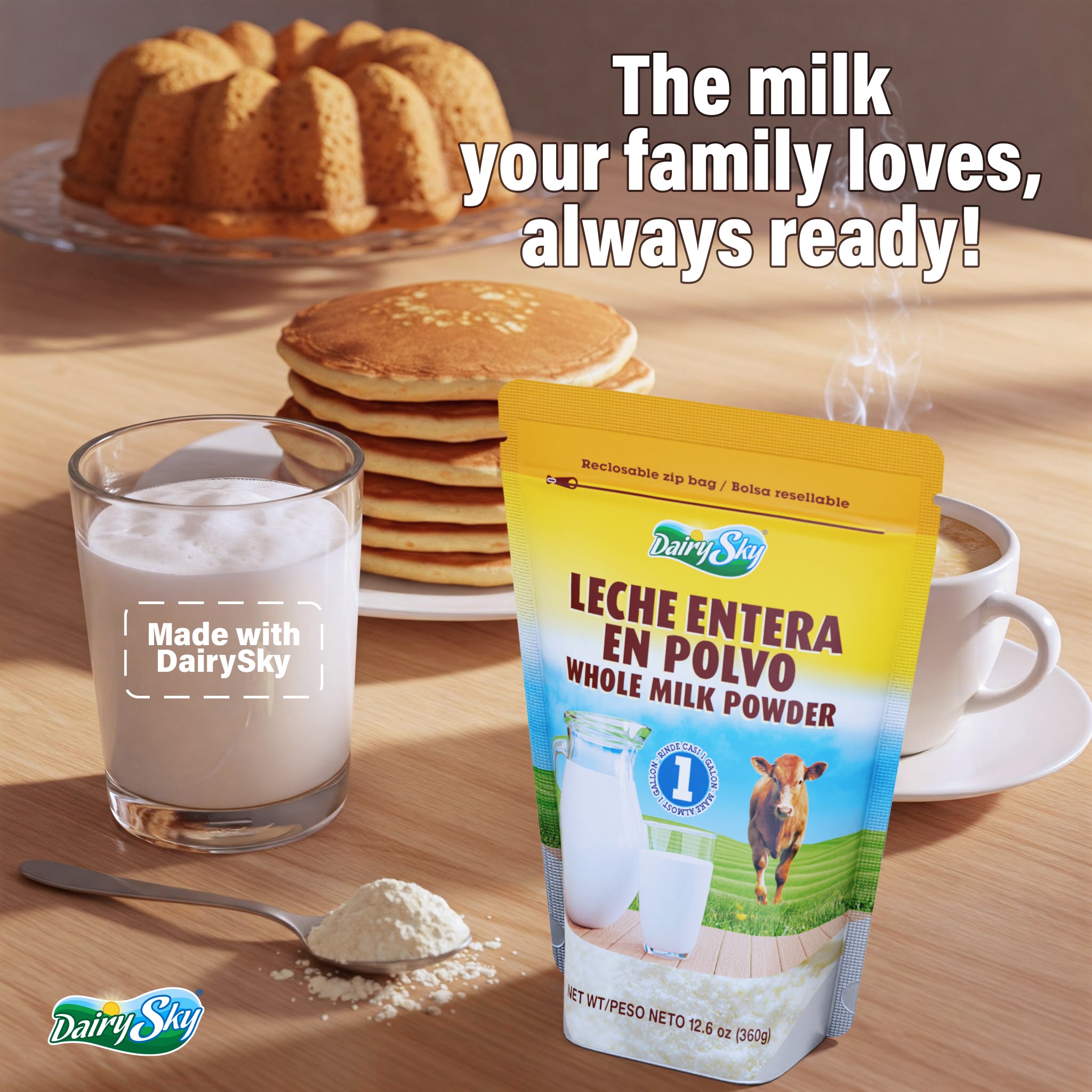 DairySky milk powder package with a glass of milk, pancakes, and coffee on a wooden table.