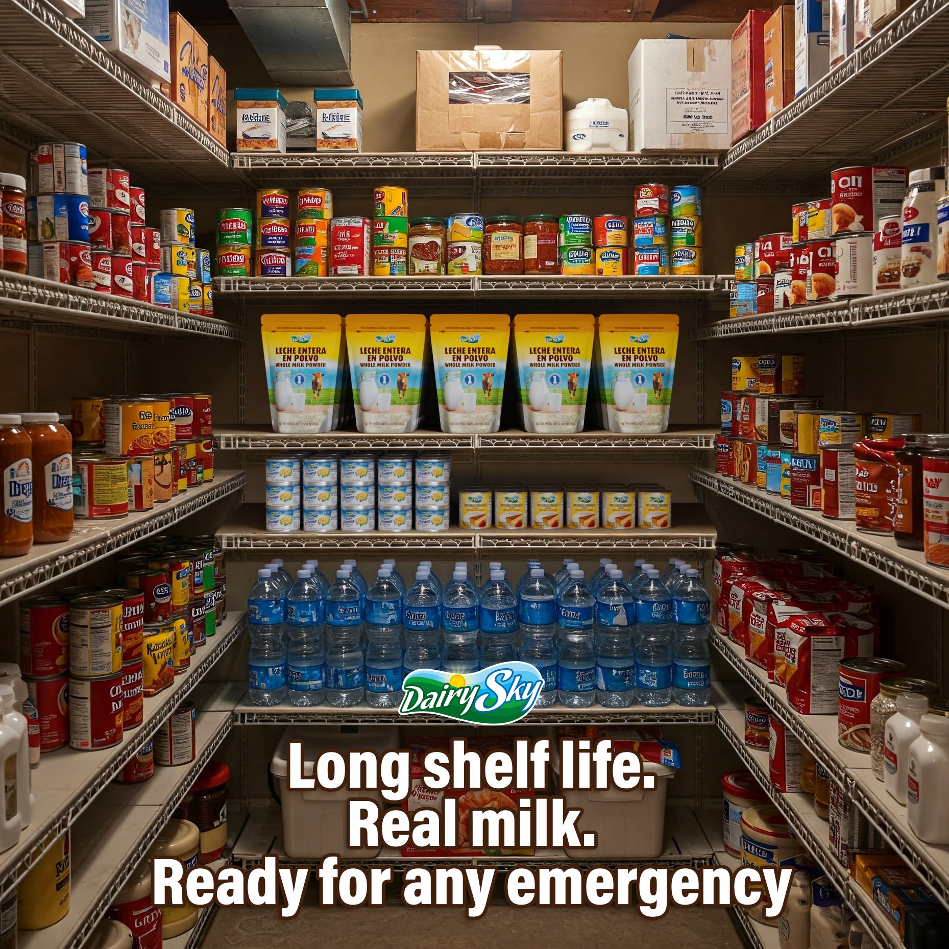 Shelves stocked with various products, including DairySky milk cartons, with a promotional message Ready for any emergency