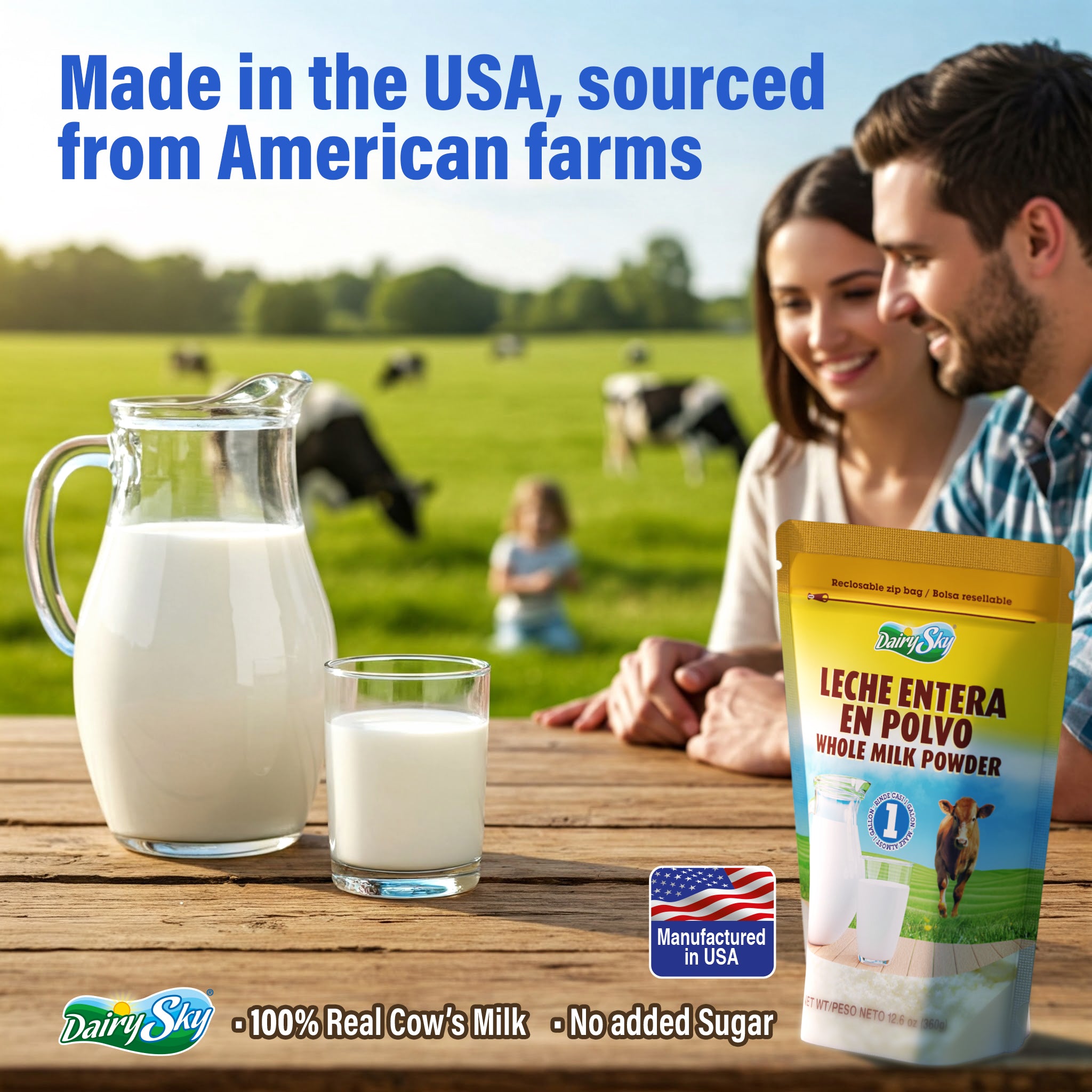 DairySky milk product with a couple and cows in the background and USA FLAG