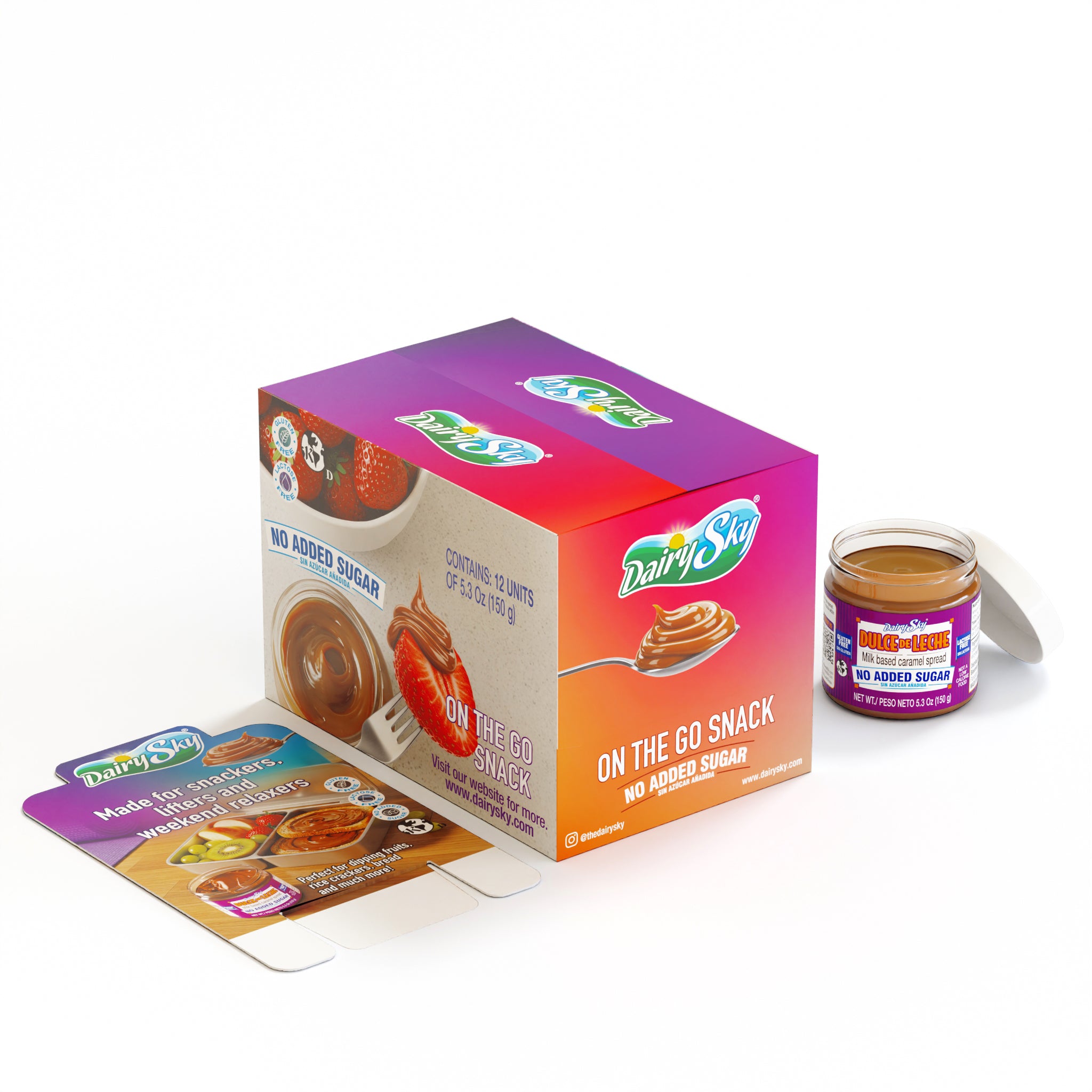 DairySky Display dulce de Leche Joy on-the-go snack packaging with a jar of spread on a white background