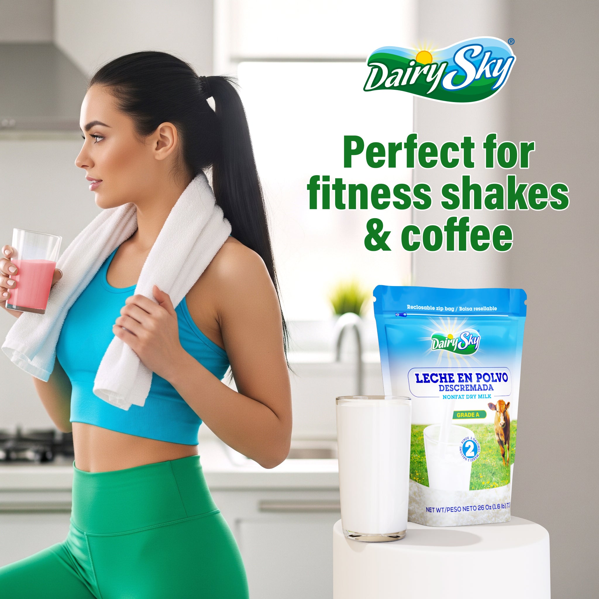 Woman in workout attire holding a shake with DairySky product and text in the background