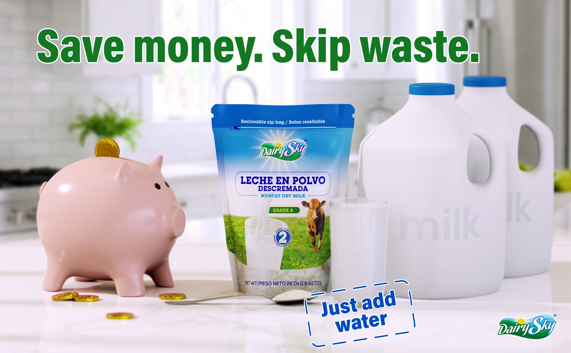 Milk packaging with a piggy bank and text promoting saving money and skipping waste with DairySky milk powder