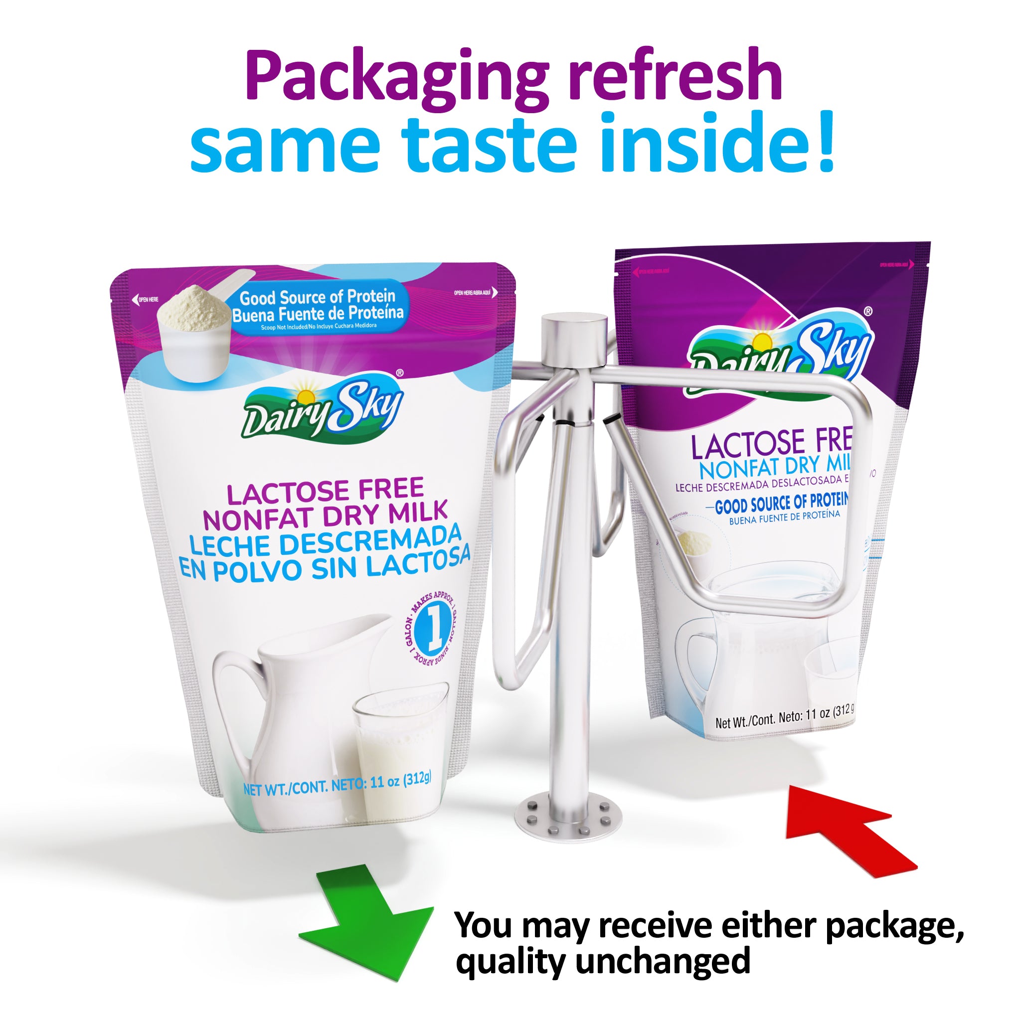 Two packages of Dairy Sky lactose-free nonfat dry milk with text indicating a packaging refresh.