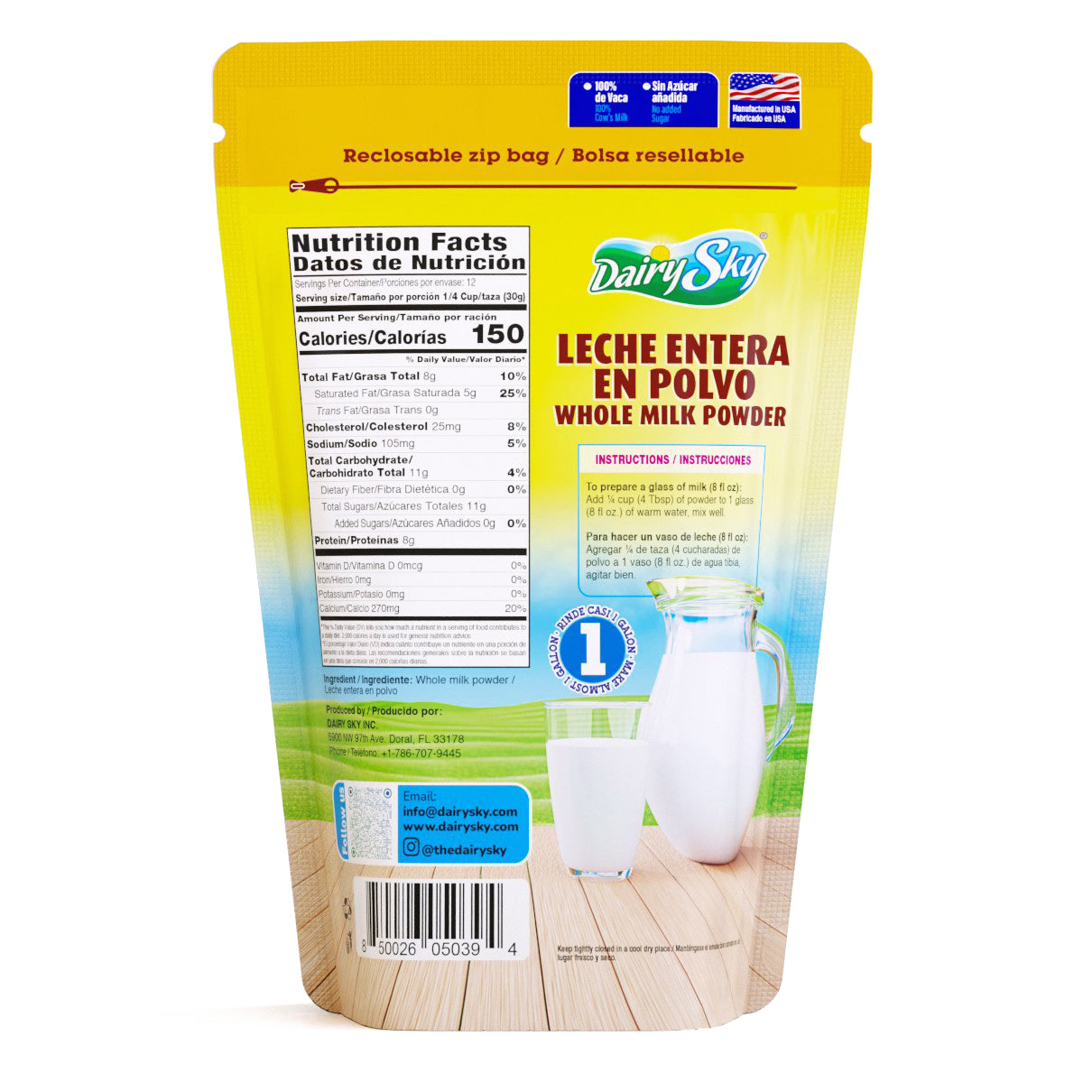 DairySky Whole Milk Powder – 12.6 oz Box of 3| 100% Cow’s Milk, Shelf Stable, No Additives, Resealable Bag