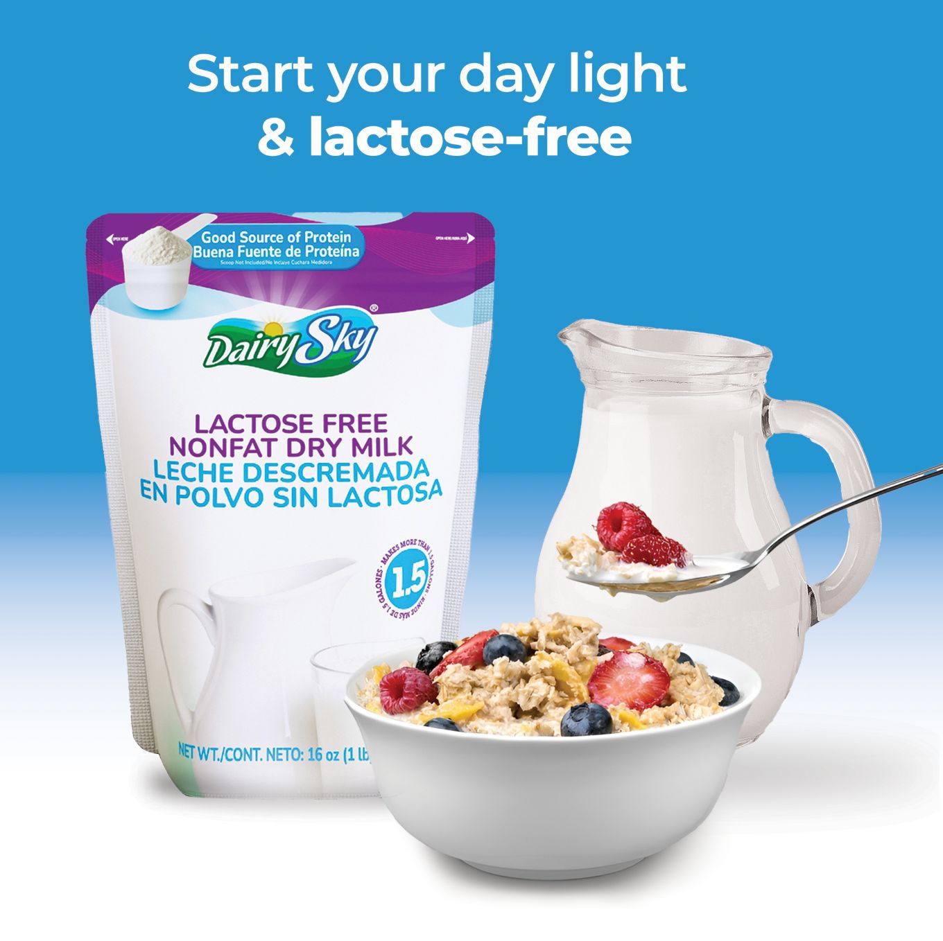 DairySky lactose-free nonfat dry milk package with a bowl of cereal and a pitcher of milk