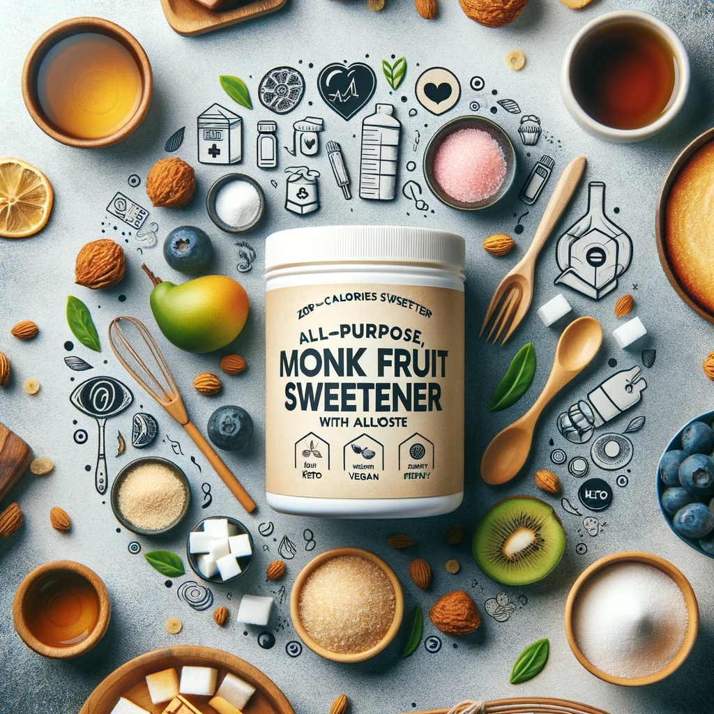 A creative and visually appealing image for a blog post about Monk Fruit Sweetener with Allulose