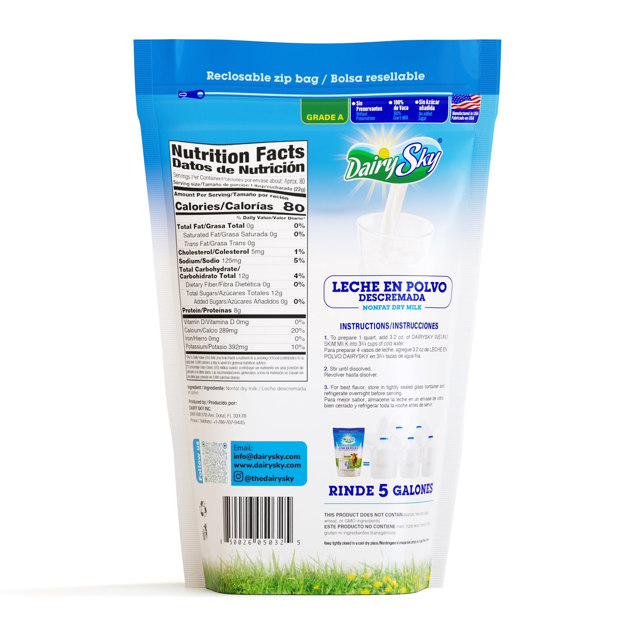 DairySky Nonfat Dry Milk Powder – 64 oz Resealable Pouch, 8-Count Case | For Cafés, Bulk Prep & Baking