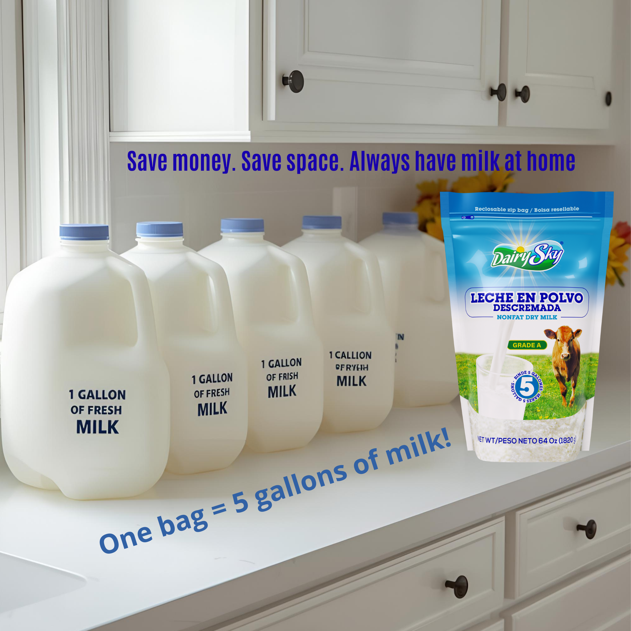 Dairysky Nonfat Dry Milk Powder – 64 oz | Fat-Free | No Sugar Added | Shelf-Stable Milk