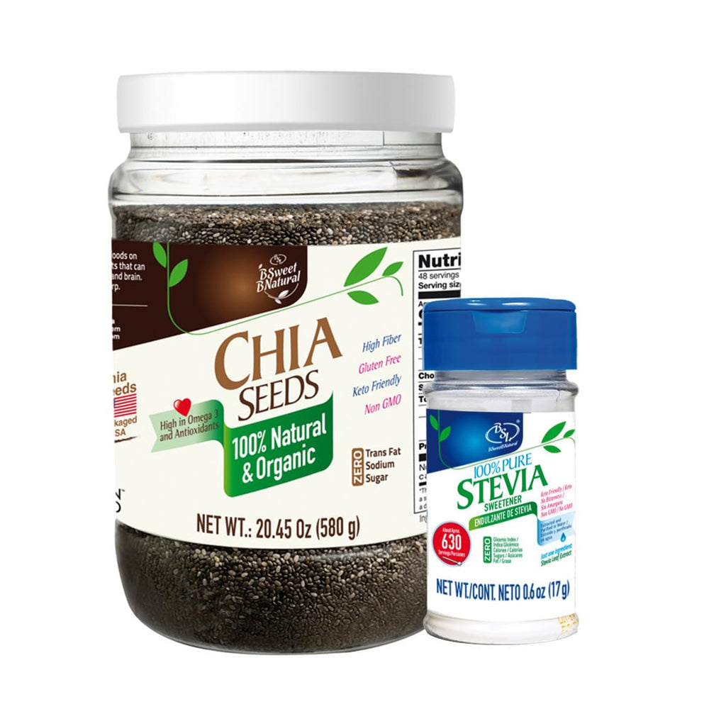 Pure Stevia and Chia Seeds Bundle - Natural Sweetener (0.6 oz) & Nutrient-Rich Seeds (20.45 oz)
